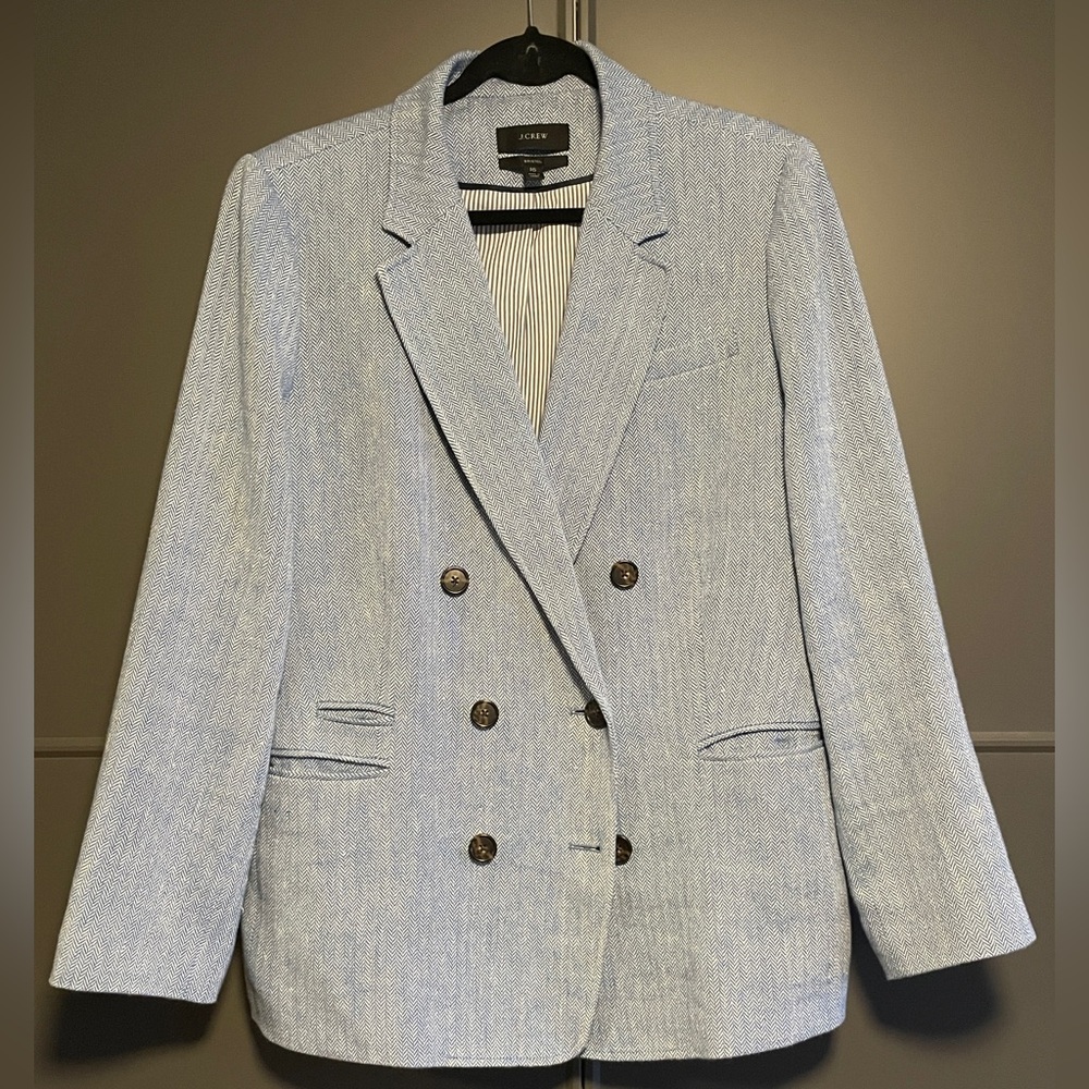 J. Crew Herringbone Blue Double-Breasted Linen Blazer